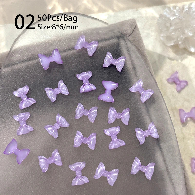 Mix Colour Jelly Ribbon Bowknot & Pearl Nail Charms – 3D Nail Art Decorations