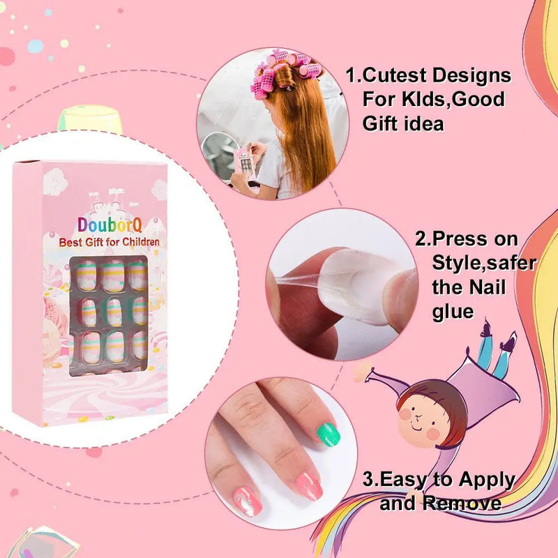 24Pcs Kids Press-On Nails – Cartoon Style, Full Cover Fake Nails, Stick-On Nail Decor for Girls