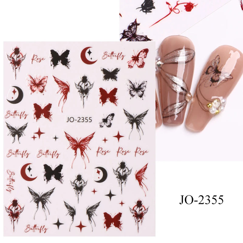 Metallic Black Butterfly 3D Nail Stickers – Dark Style Charms, Lace, Moon & Star Foil Decals