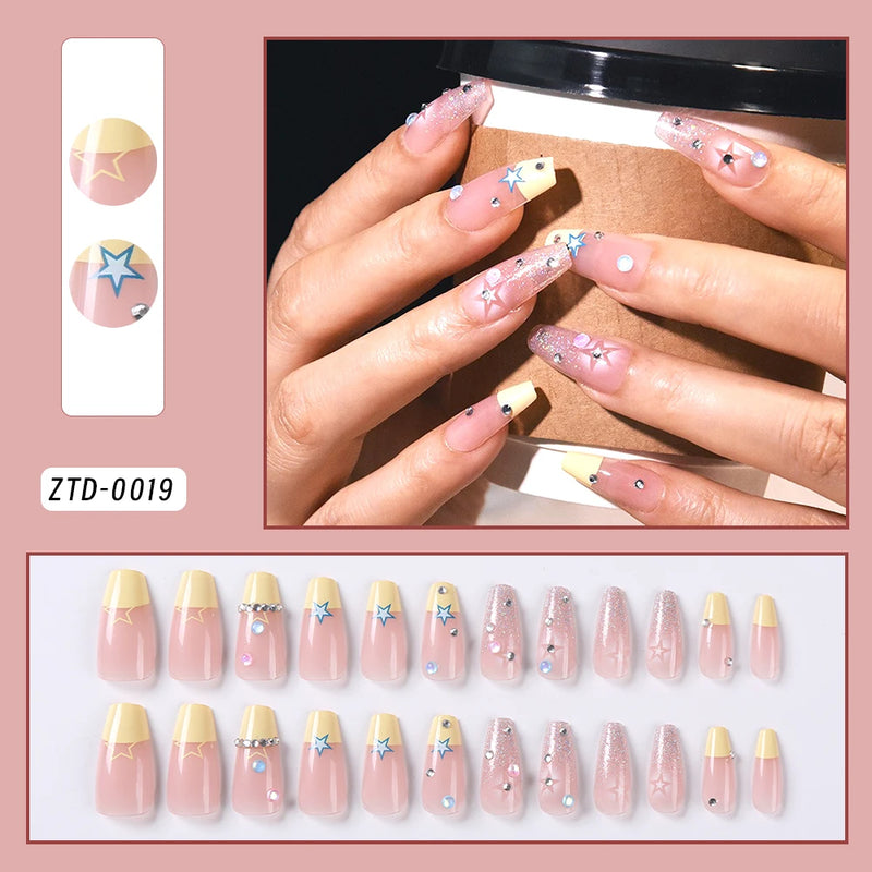 24PCS Medium Long French Acrylic Fake Nails – Full Cover Ballet Press-On Nail Tips, Removable Set