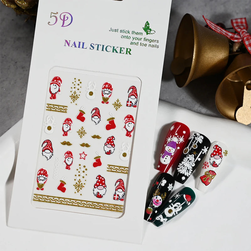 Christmas Nail Art Stickers – 3D Santa Claus & Elk Snowflake Decals for Festive Manicures