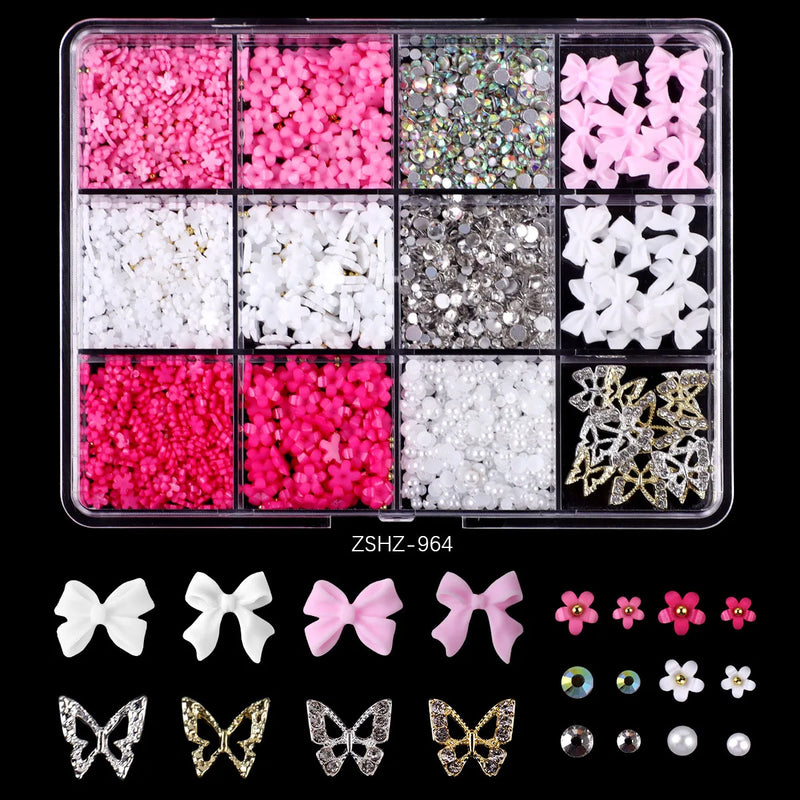 Mixed Acrylic 3D Nail Art Decorations - Flower Charms, Gold Beads, Caviar Pearls & Rhinestones