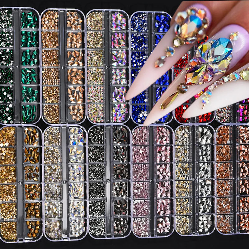 12 Colors Luxury Crystal Nail Art Rhinestones 3D Mixed-Shape Clear/AB Glitter Diamond DIY 12 Grids