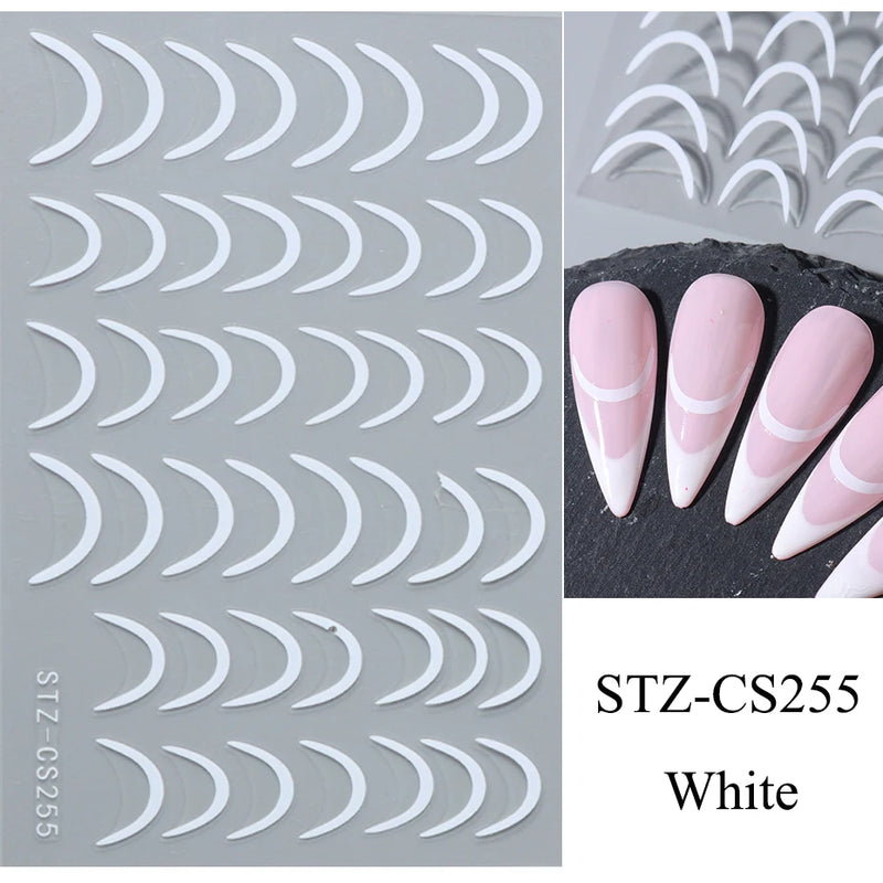 3D Rhinestone French Tip Nail Stickers – Gold & Silver Retro Wave Line Design for DIY Nail Art