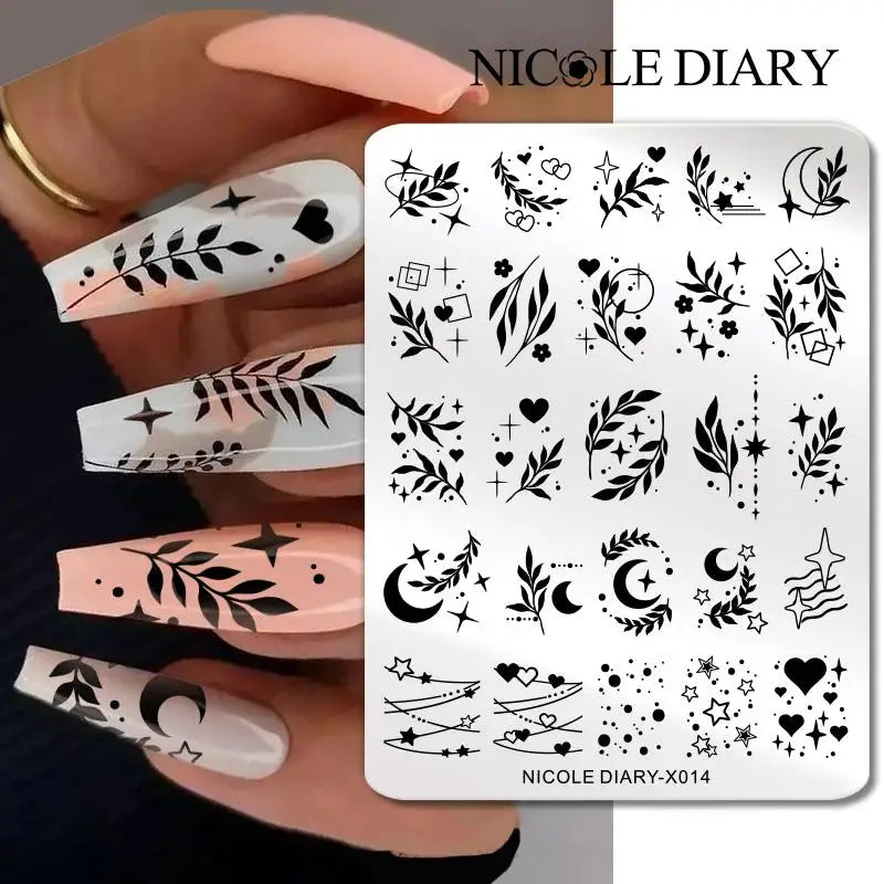 NICOLE DIARY Nail Stamping Plate – Leaves, Flowers, Geometric Stripes & More- Nail Art Stencil