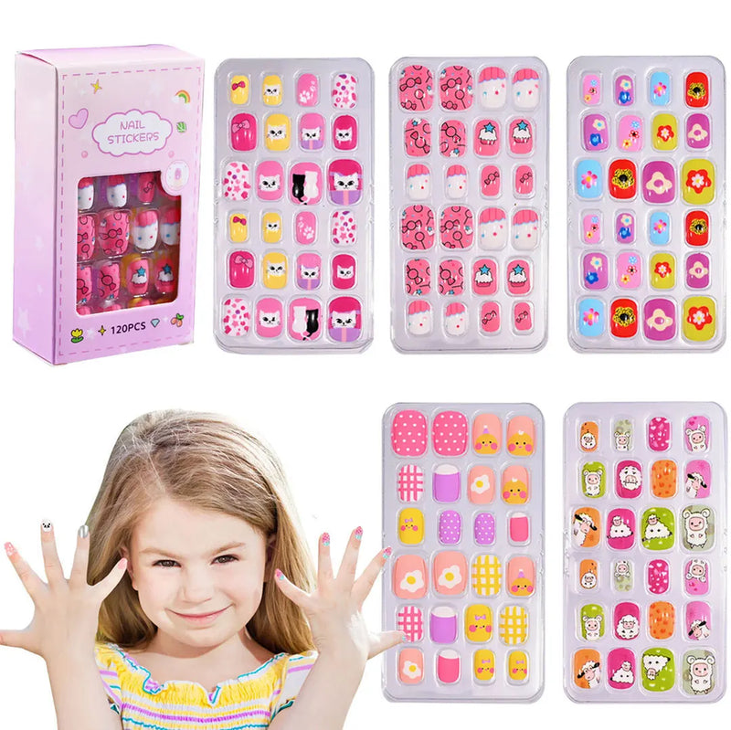 120Pcs Cute Cartoon Press-On Nails for Kids – 5 Packs Full Cover Fake Nails with Jelly Glue