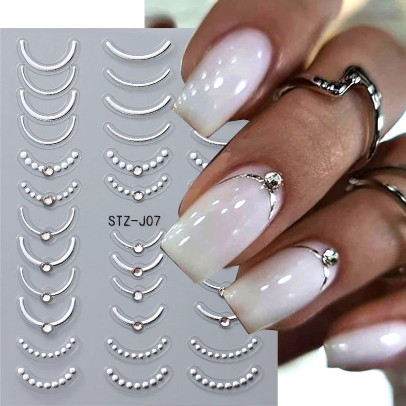 3D Rhinestone French Tip Nail Stickers – Gold & Silver Retro Wave Line Design for DIY Nail Art