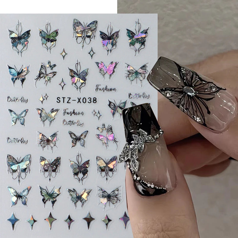 Metallic Black Butterfly 3D Nail Stickers – Dark Style Charms, Lace, Moon & Star Foil Decals