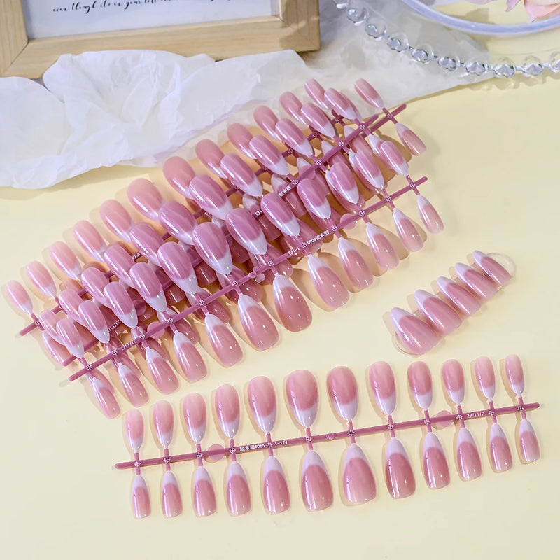 120Pcs Pink Almond French Press-On Nails – Gradient White Full Cover Acrylic Gel False Nail Tips