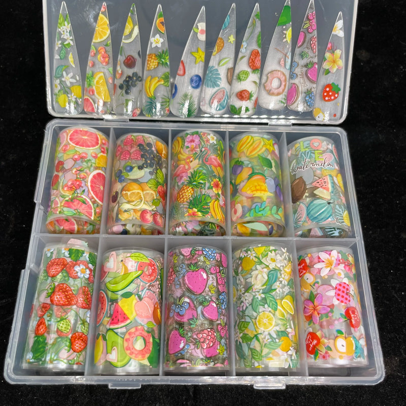 New Flower Nail Foils for Transfer Paper Stickers Floral Adhesive Fruit Nails Wraps Fish DIY Water