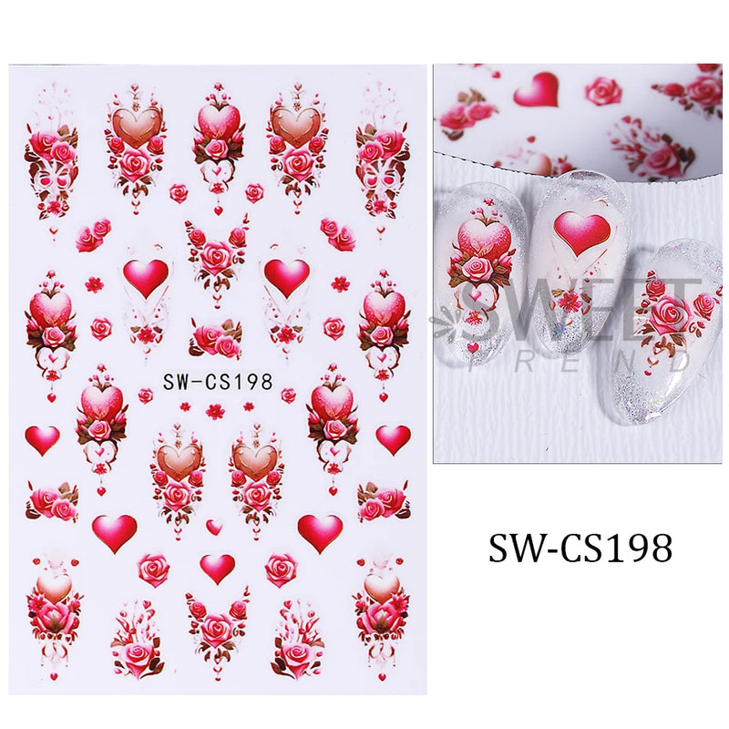 3D Valentine’s Day Nail Stickers – Red Rose & Love Heart Self-Adhesive Nail Decals for Manicure