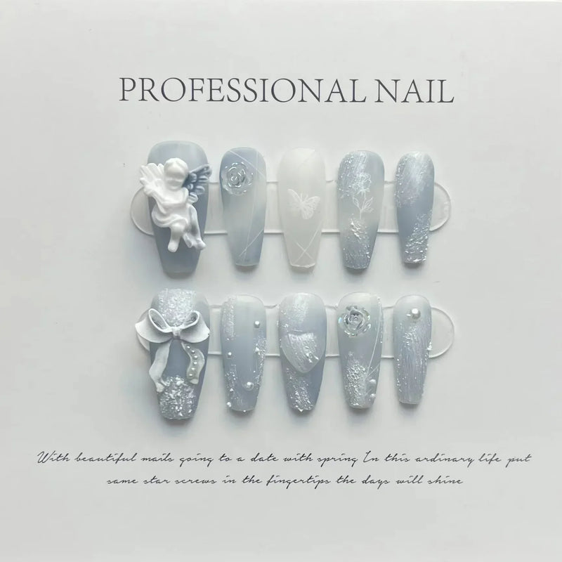 10Pcs Handmade Long Ballet Press-On Nails – Blue 3D Ocean Moon Rhinestone Full Cover Fake Nails