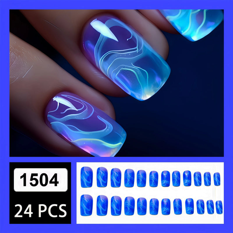 24-Piece Short Square Press-On Nails – Ocean Wave, Aurora Glitter & Floral Designs