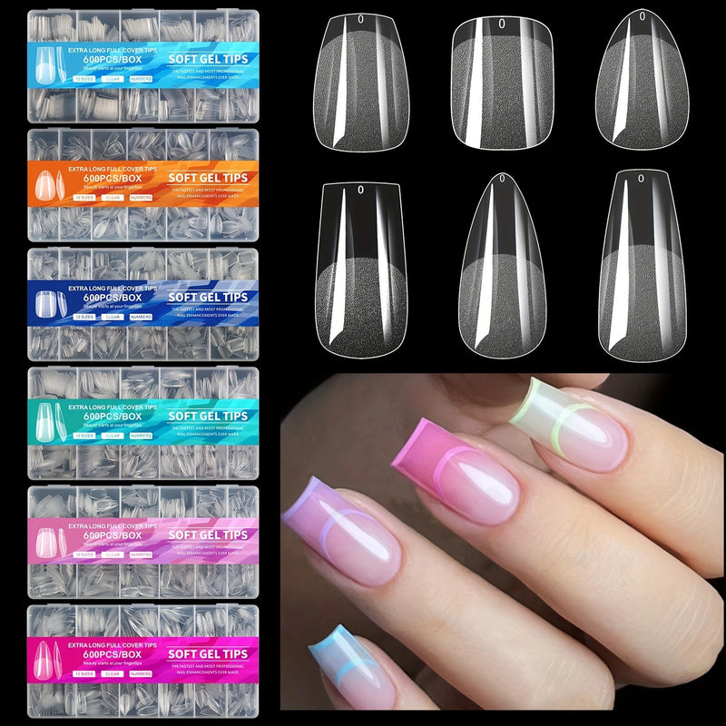 600PCS Half Matte Clear Acrylic Nail Tips – Soft Gel False Nail Tips for Extensions & Manicure Tools