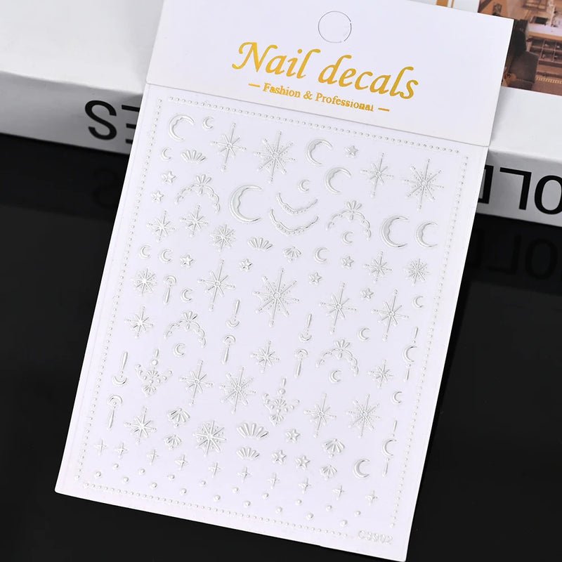 3D Gold Sun/Moon/Star Bronzing Nail Art Stickers – Gold & Silver Self-Adhesive Decals