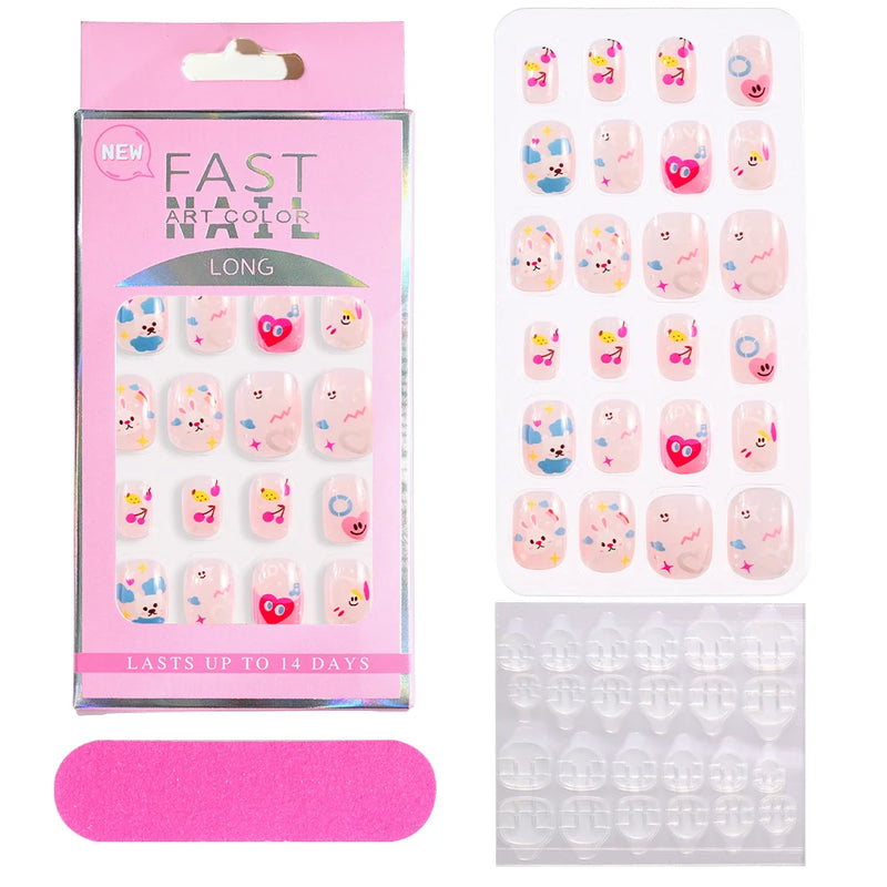 24Pcs Kids Press-On Nails – Cartoon Candy Design, Full Cover Fake Nails for Girls