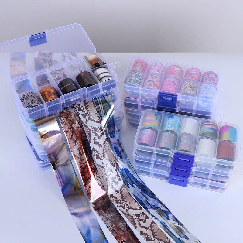 10 Rolls Nail Transfer Foil Paper Stickers Set Holographic Flowers Tropic Starry Adhesive Decal