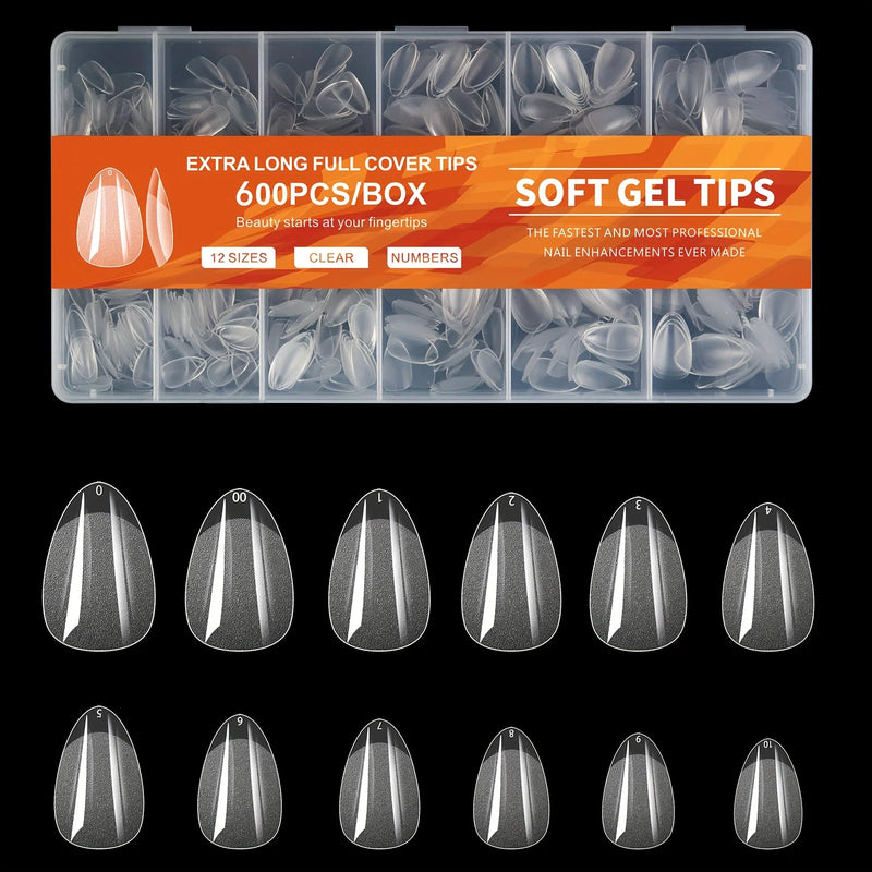 600PCS Half Matte Clear Acrylic Nail Tips – Soft Gel False Nail Tips for Extensions & Manicure Tools