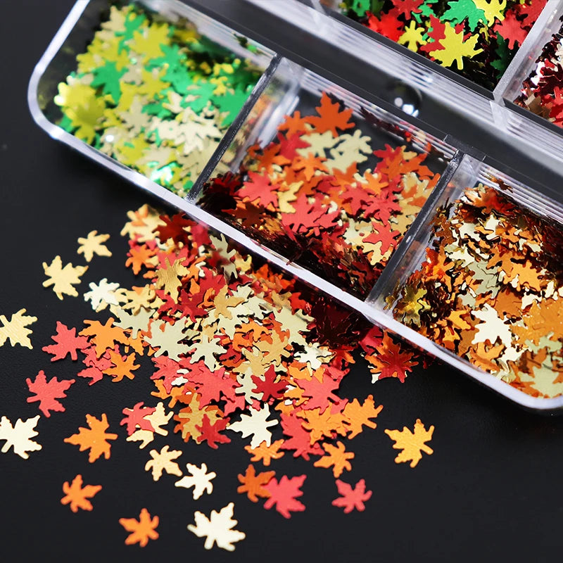 6 Grids Orange Maple Leaves Nail Glitter Sequins Mixed Shiny Fallen Leaf Flakes Autumn Nail Art