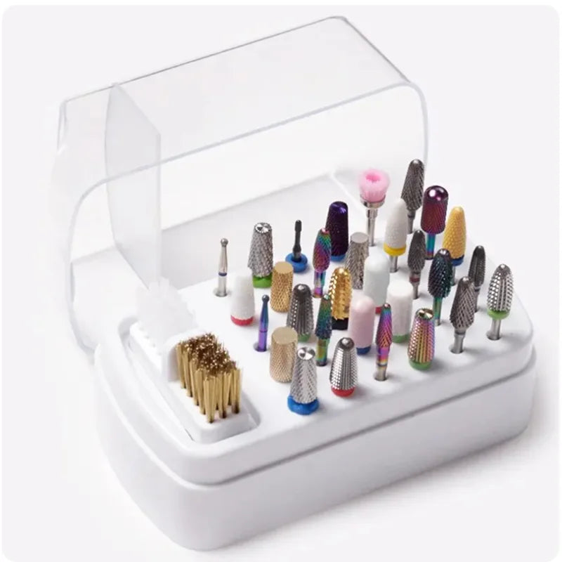 30-Hole Nail Drill Bit Organizer – Acrylic Dustproof Storage for Professionals