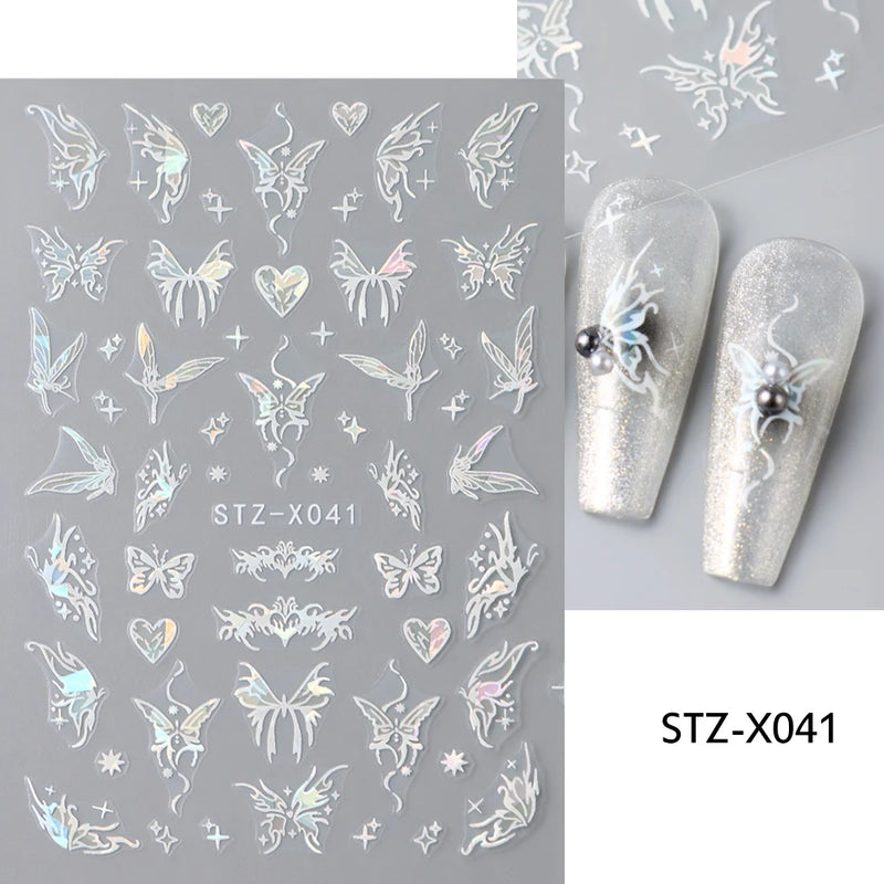 Metallic Black Butterfly 3D Nail Stickers – Dark Style Charms, Lace, Moon & Star Foil Decals