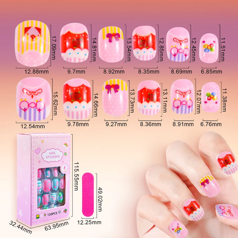 120Pcs Cute Cartoon Press-On Nails for Kids – 5 Packs Full Cover Fake Nails with Jelly Glue