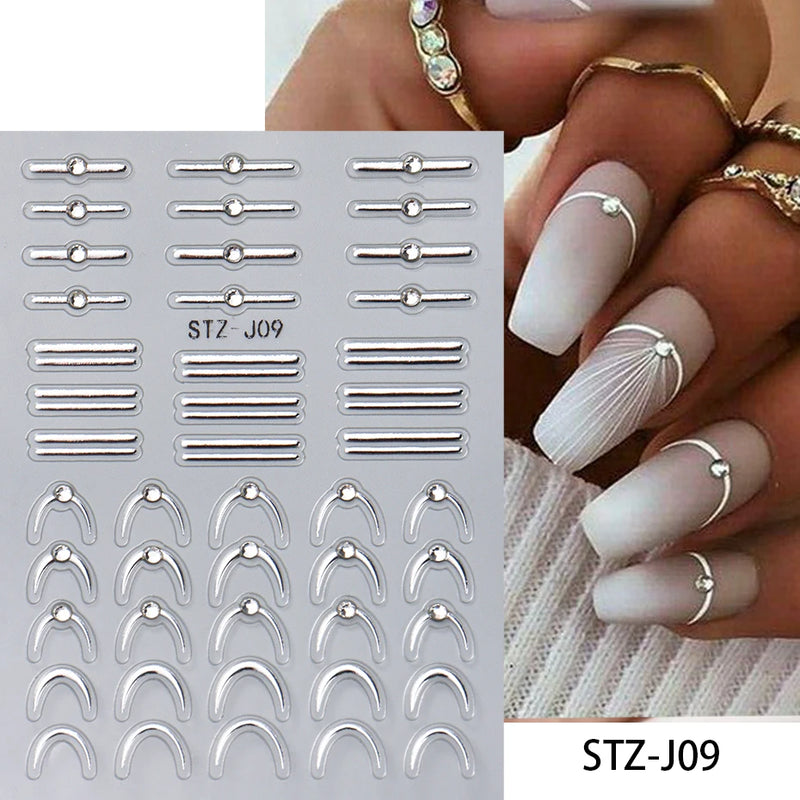 3D Rhinestone French Tip Nail Stickers – Gold & Silver Retro Wave Line Design for DIY Nail Art