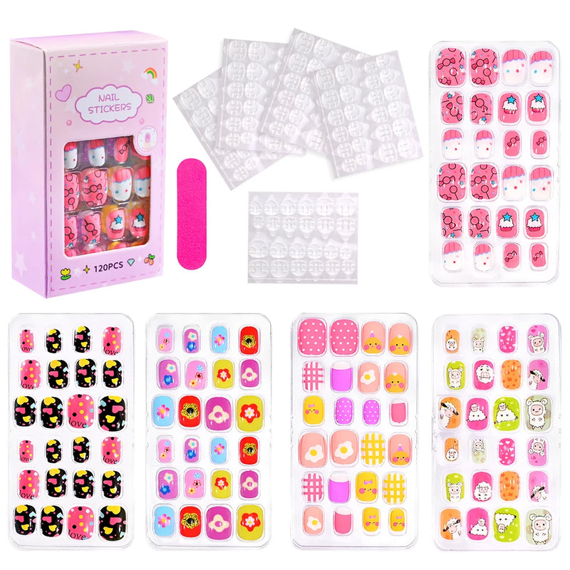 120PCS Pink Cartoon Press-On Nails for Kids – Unicorn, Cat, Bunny Full Cover False Nails