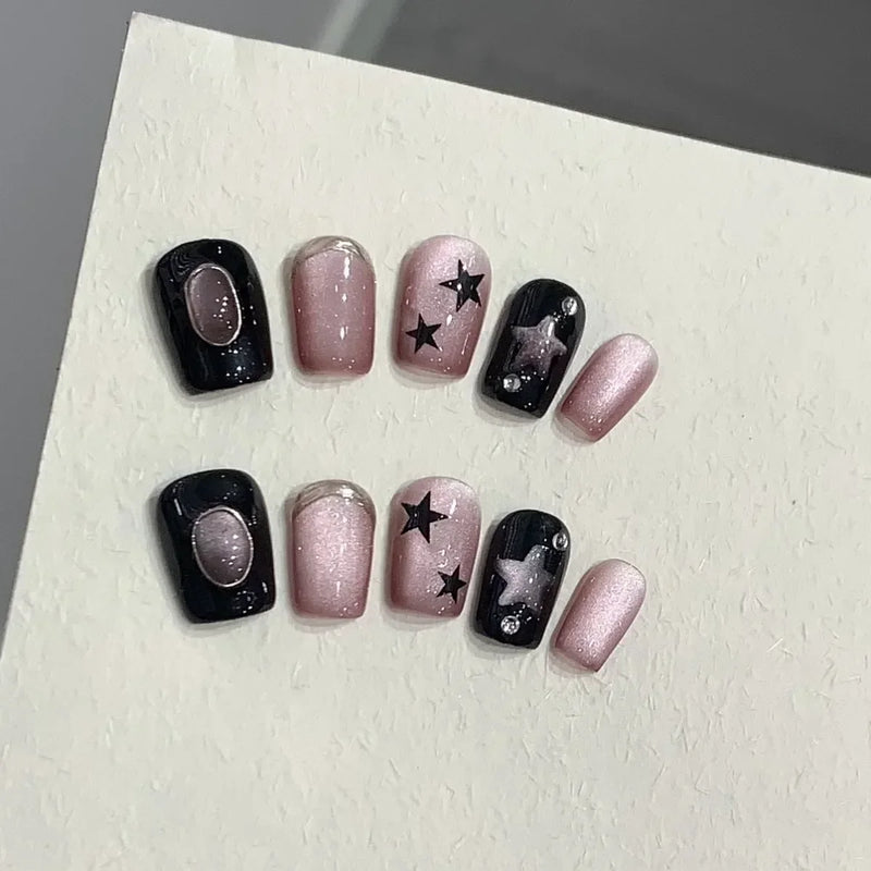 10Pcs Handmade Press-On Nails – Short, Sweet & Cool Full Cover Design, Round Head Fake Nails