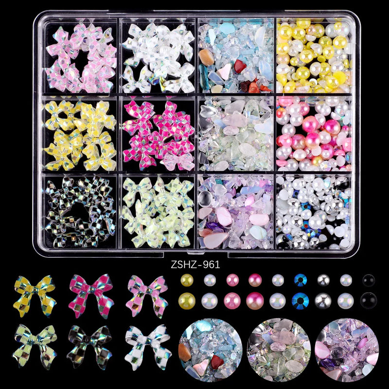 Mixed Acrylic 3D Nail Art Decorations - Flower Charms, Gold Beads, Caviar Pearls & Rhinestones