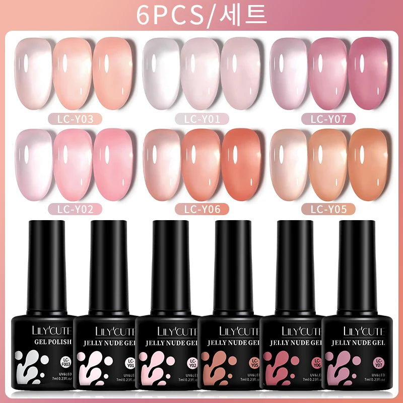 LILYCUTE 6PCS Translucent Jelly Gel Nail Polish Set – Nude Pink Semi-Permanent Soak-Off UV Gel