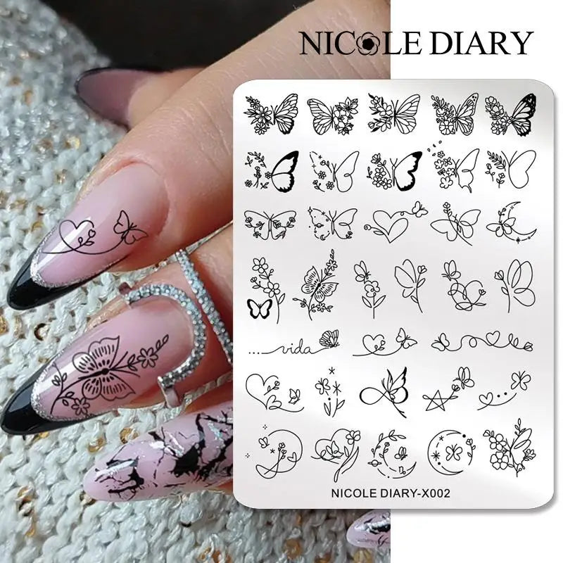 NICOLE DIARY Nail Stamping Plate – Leaves, Flowers, Geometric Stripes & More- Nail Art Stencil