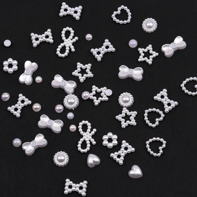 150~180pcs Pearl Nail Charms Assortment Heart Bows Star Shaped White Pink 3d Nail Decoration Bulk