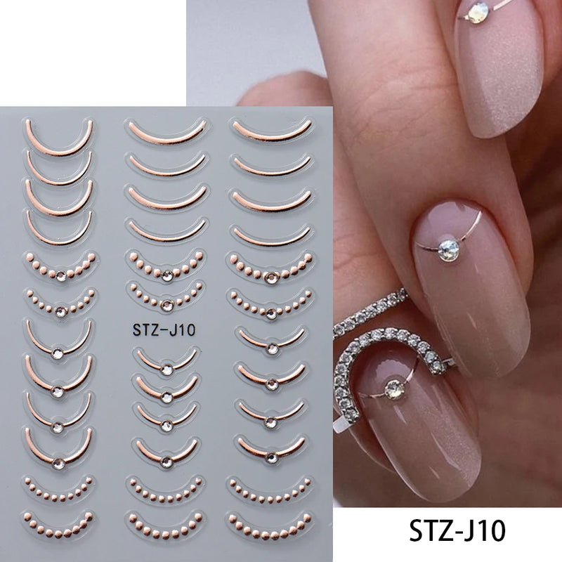 3D Rhinestone French Tip Nail Stickers – Gold & Silver Retro Wave Line Design for DIY Nail Art