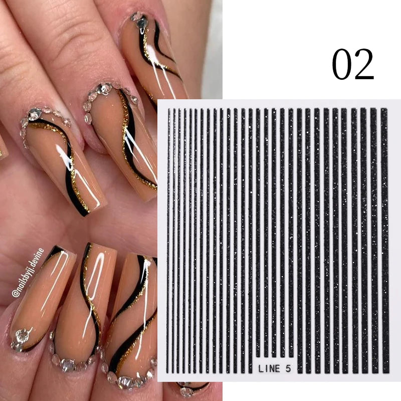 White & Black French Line Nail Stickers – 3D Gradient Stripe Sliders for Elegant Nail Art