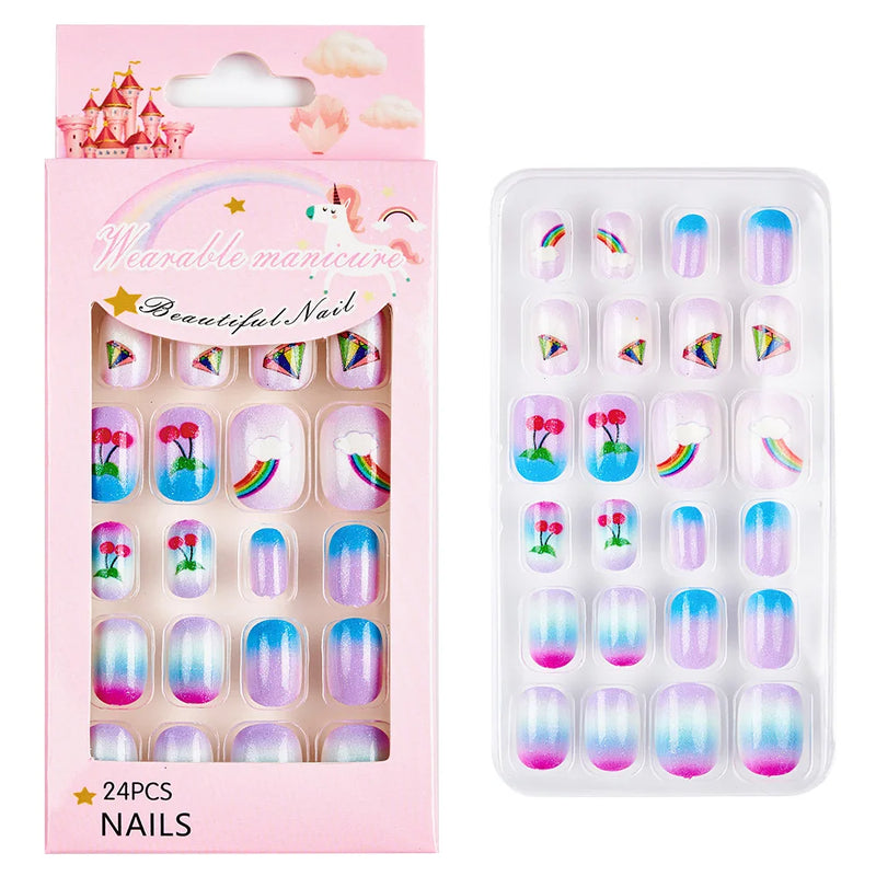 24Pcs Kids Press-On Nails – Cartoon Candy Design, Full Cover Fake Nails for Girls