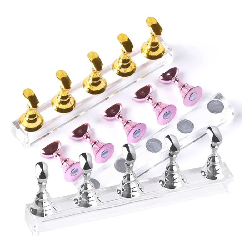 5pcs Magnetic Chess Nail Display Stands – Gold, Silver & Rose Gold Combo for Nail Art Practice