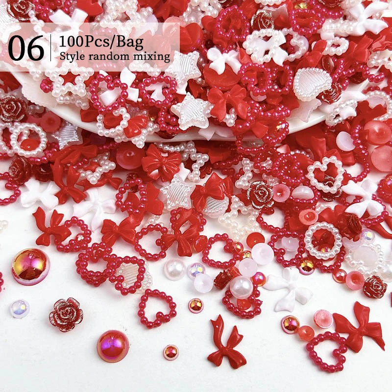 Mix Colour Jelly Ribbon Bowknot & Pearl Nail Charms – 3D Nail Art Decorations