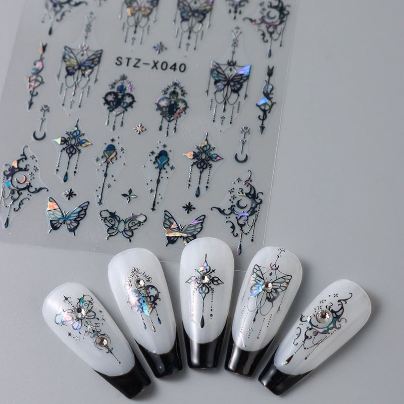 Metallic Black Butterfly 3D Nail Stickers – Dark Style Charms, Lace, Moon & Star Foil Decals