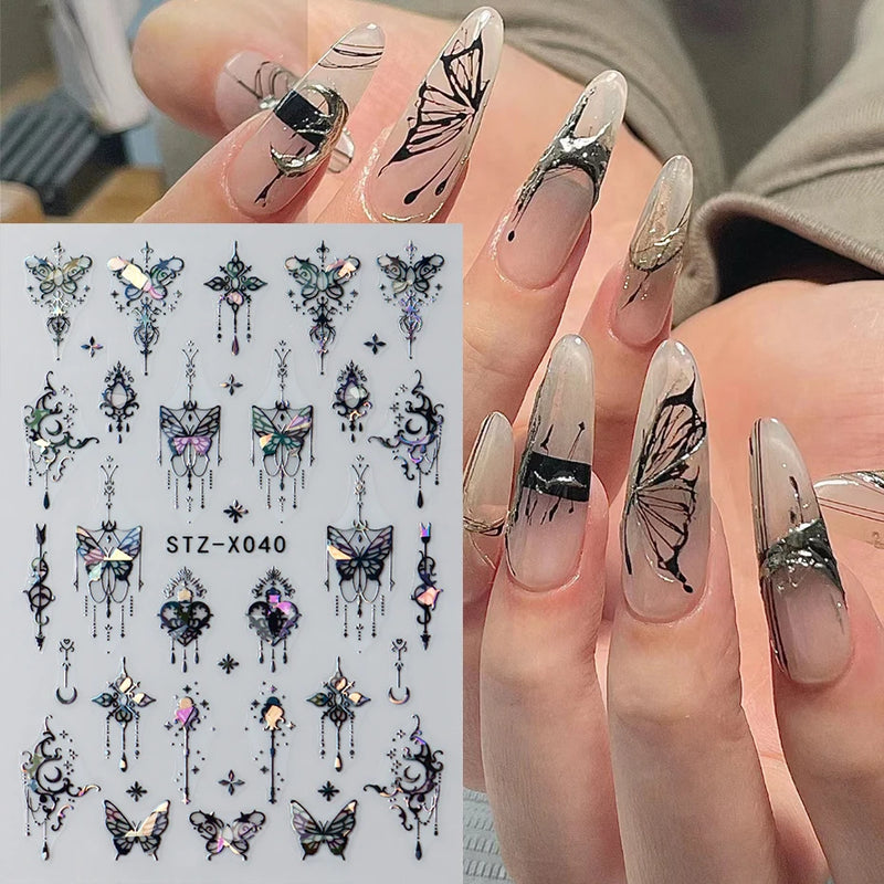 Metallic Black Butterfly 3D Nail Stickers – Dark Style Charms, Lace, Moon & Star Foil Decals