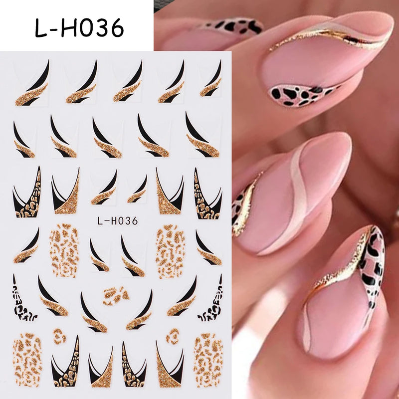 3D Rhinestone French Tip Nail Stickers – Gold & Silver Retro Wave Line Design for DIY Nail Art