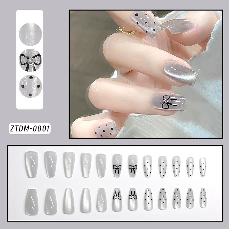 24PCS Medium Long French Acrylic Fake Nails – Full Cover Ballet Press-On Nail Tips, Removable Set