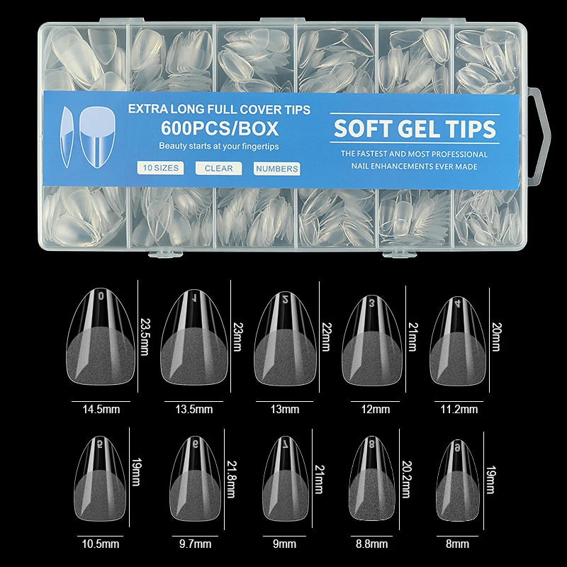 600PCS Semi-Frosted Long Soft Gel Tips – Almond, French Coffin Full & Half Cover Artificial Nail Tip