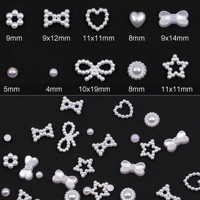 150~180pcs Pearl Nail Charms Assortment Heart Bows Star Shaped White Pink 3d Nail Decoration Bulk