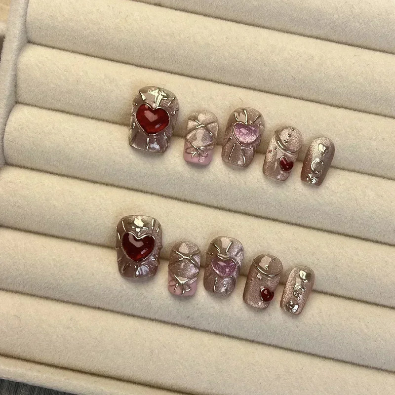 10Pcs Handmade Cute Press-On Nails – Short False Nails with 3D Star, Moon & Rhinestone Heart Design