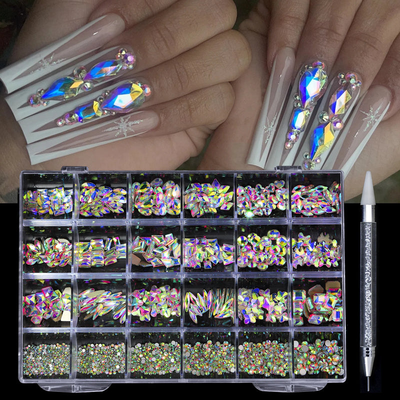 21 Shapes Luxury Jewelry Rhinestone Nail Art Kit with Glass Crystal Decorations and Pen