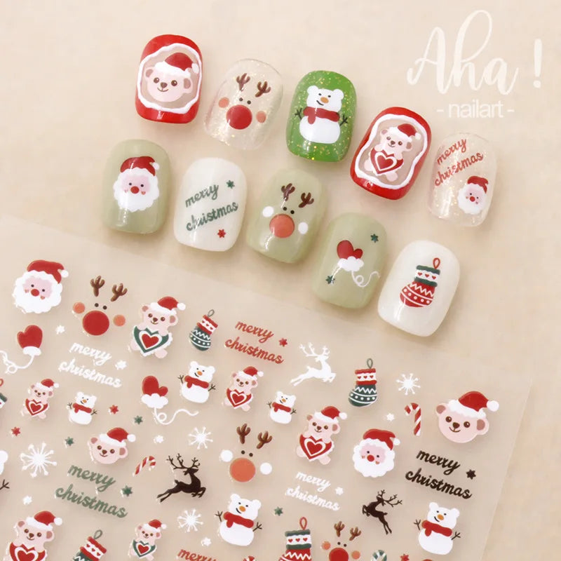 Christmas Nail Art Stickers – 3D Santa Claus & Elk Snowflake Decals for Festive Manicures