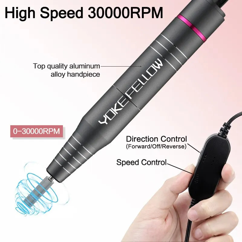 YOKEFELLOW Professional Electric Nail Drill – 30,000 RPM, 20W, Stainless Steel Nail Drill Machine