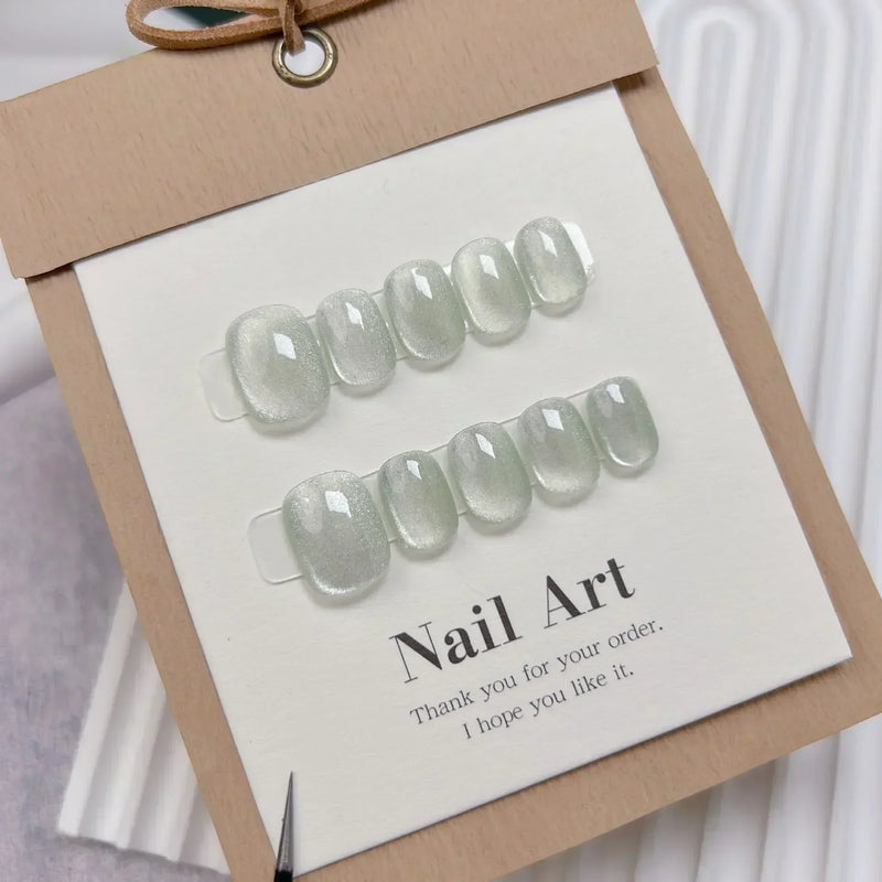 10Pcs Handmade Light Green Press-On Nails – Short Cat Eye Ballerina Full Cover Wearable Nail Tips