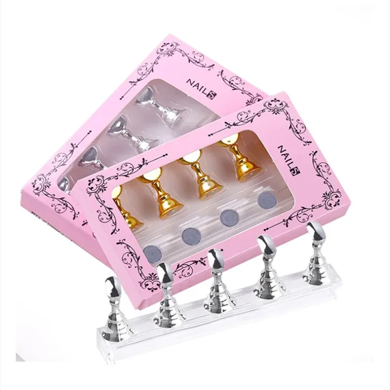 5pcs Magnetic Chess Nail Display Stands – Gold, Silver & Rose Gold Combo for Nail Art Practice